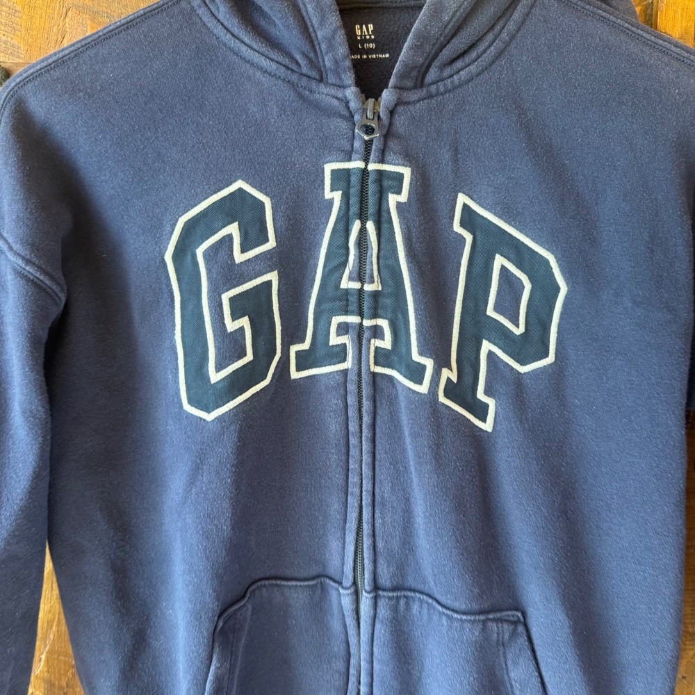 Gap Zip Up Hoodie Kids L 10 Navy Blue Cotton Blend Logo Fleece Sweatshirt - Picture 2 of 8